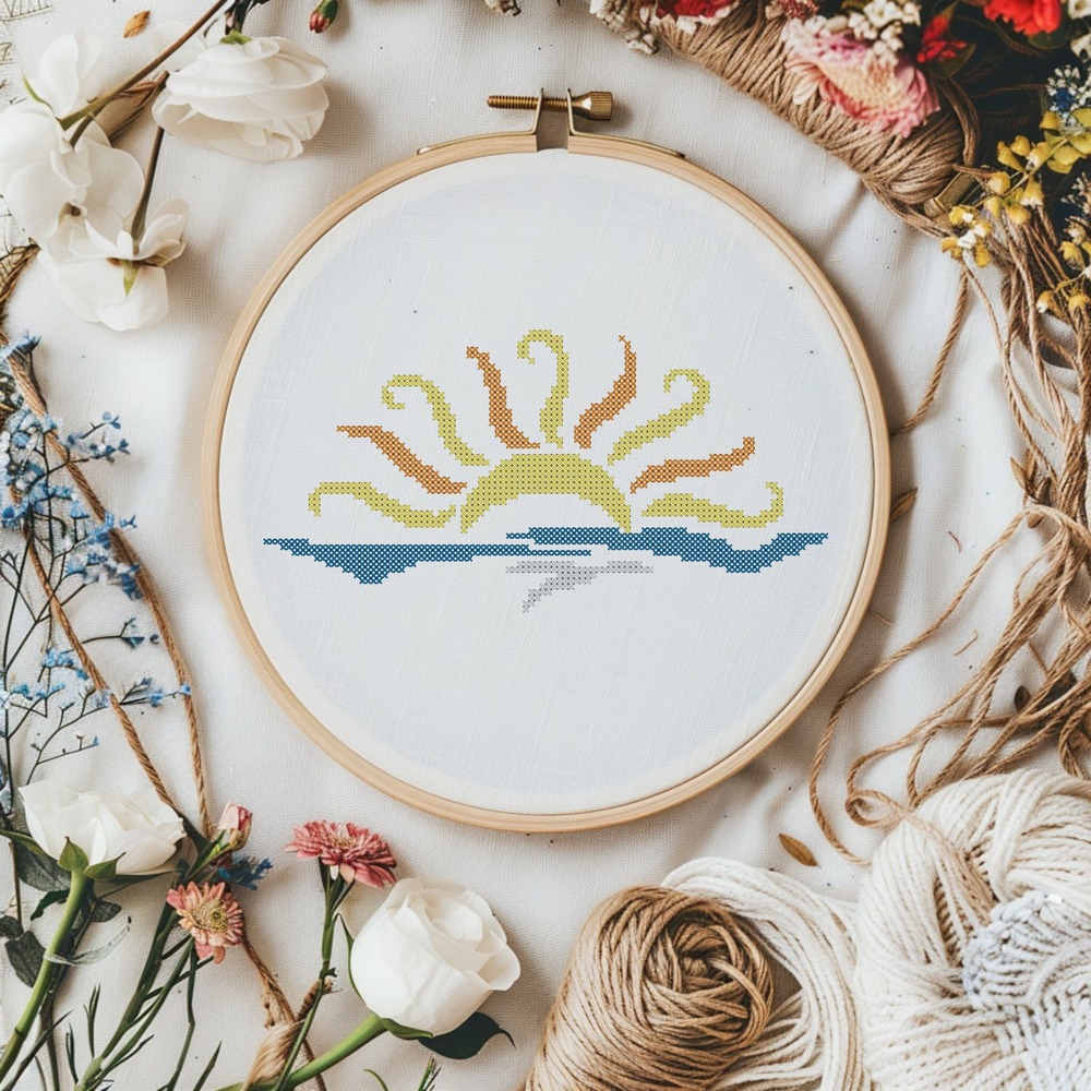 Sun Sunrise Sunset Ocean Silhouette Counted Cross Stitch Pattern Chart KIT - Picture 2 of 5